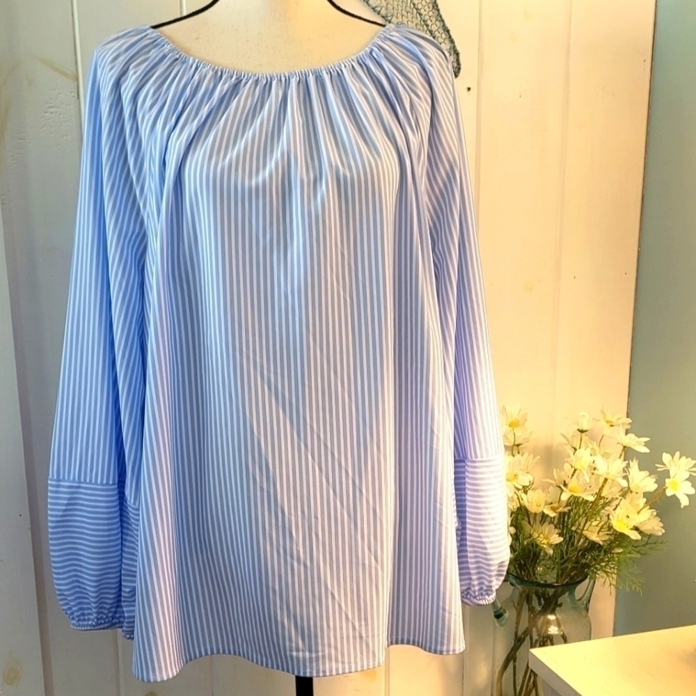 Alfani Elastic On Off Shoulder Striped Bishop Sleeve Blouse